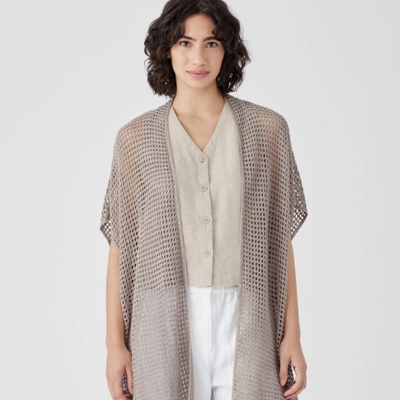 NWT Eileen Fisher Open Knit Cardigan Delave Natural Beige Crochet Lagenlook - Picture 2 of 8
